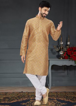 Brown Printed Mens Kurta Pajama In Silk