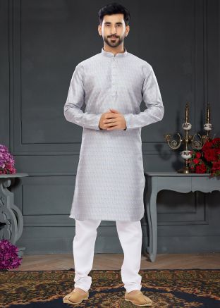Grey Sequins Embellished Kurta Pajama In Silk