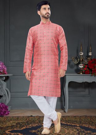 Pink Printed Kurta Pajama In Silk
