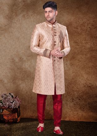 Readymade Golden Zari Woven Sherwani Set