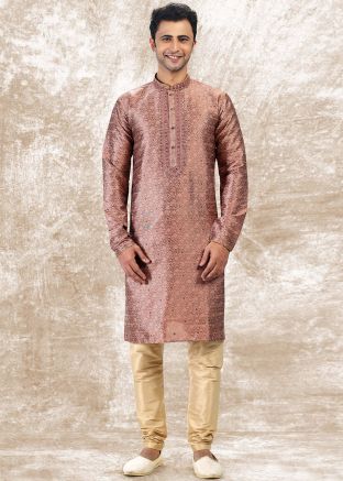 Pink Readymade Woven Kurta Pajama Set