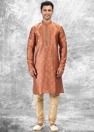 Orange Embroidered Mens Kurta Pajama Set
