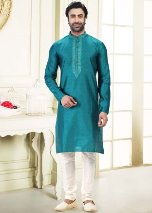 Blue Embroidered Mens Kurta Churidar Set