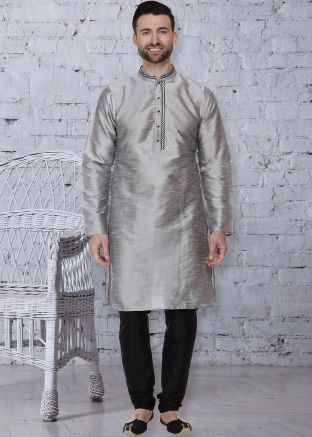 Grey Readymade Dupion Silk Kurta Pajama