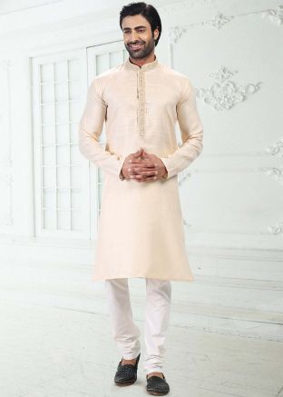 Beige Embroidered Cotton Kurta Pajama