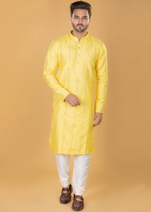 Yellow Art Kurta Pajama For Mens 