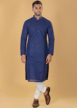 Blue Ebroidered Mens Kurta Pajama