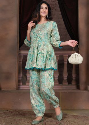 Turquoise Printed Co-ord Set In Rayon
