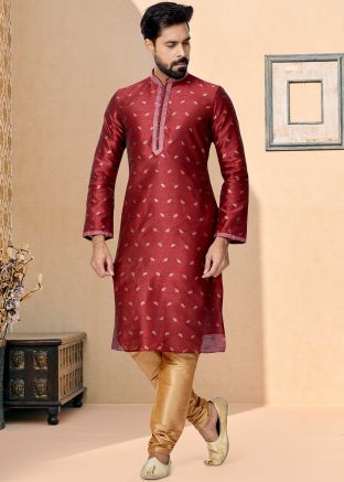 Maroon Color Jacquard Readymade Kurta Pajama