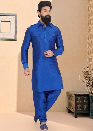 Teal Blue Color Dupion Silk Readymade Pathani Suit