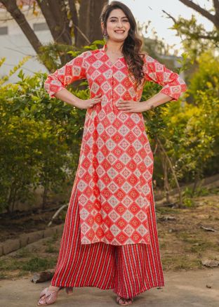 Red Kurta & Palazzo In Digital Print