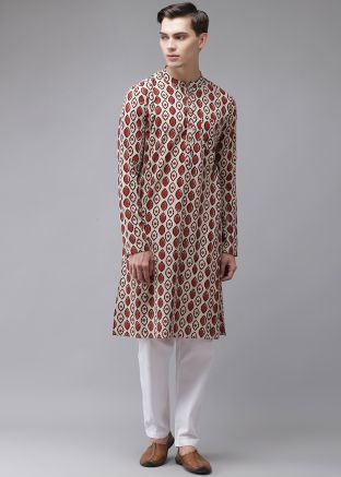 Beige Printed Kurta Pajama In Cotton