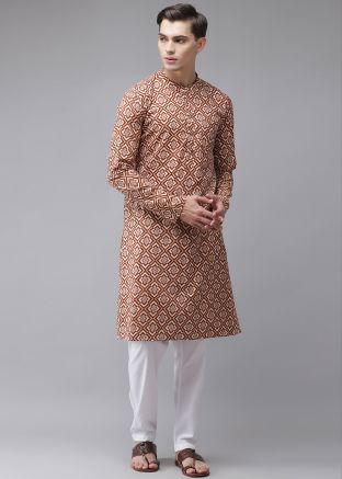 Beige Printed Kurta Pajama For Mens