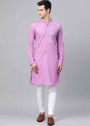 Purple Embroidered Mens Kurta With Pajama