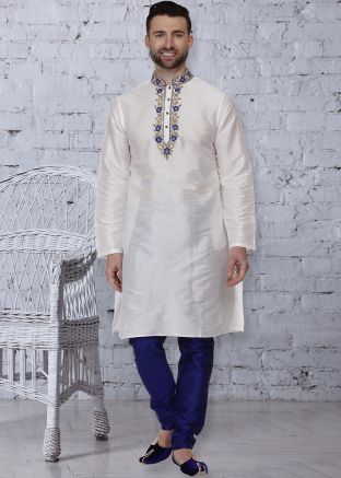 Off-White Readymade Dupion Silk Kurta Pajama