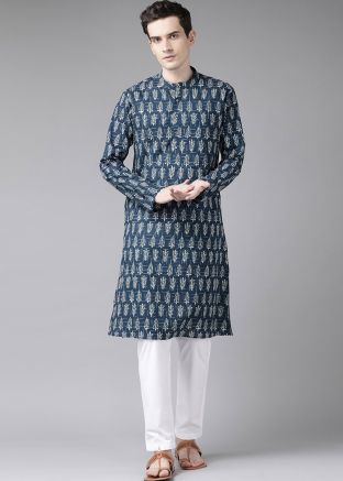 Blue Printed Mens Kurta & Pajama In Cotton