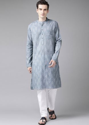 Grey Printed Mens Kurta & Pajama Set