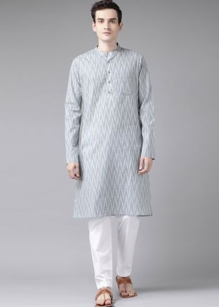 Grey Printed Mens Kurta & Pajama Set