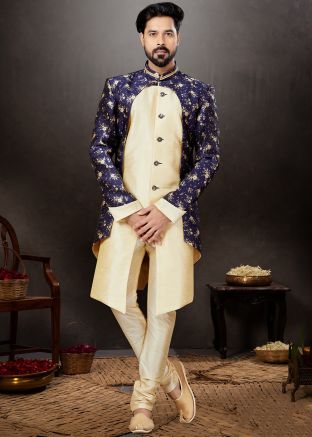 Navy Blue & Golden Woven Indo Western Sherwani