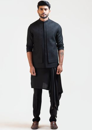 Black Mens Draped Kurta Pajama & Embroidered Nehru Jacket