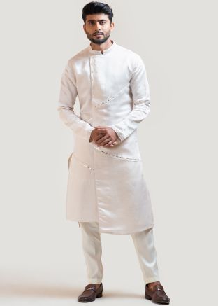 Cream Embroidered Mens Asymmetric Kurta Pajama Set