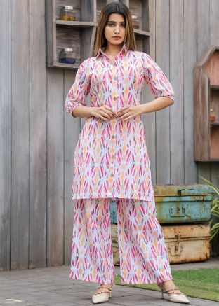 White Printed Co-Ord Set In Cotton