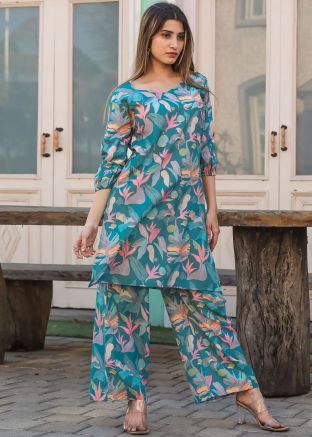Blue Printed Co-Ord Set In Cotton