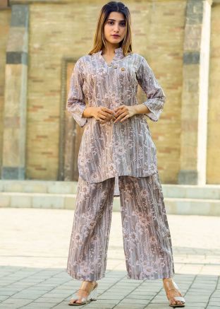 Grey Floral Printed Co-Ord Set In Cotton