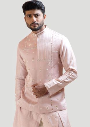 Pink Embroidered Mens Nehru Jacket
