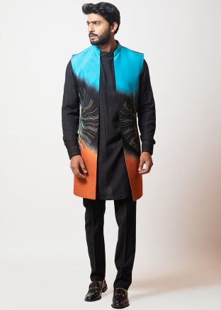 Black Long Jacket Style Kurta Pajama In Cotton