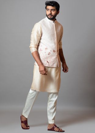 Peach Embroidered Kurta Pajama With Jacket