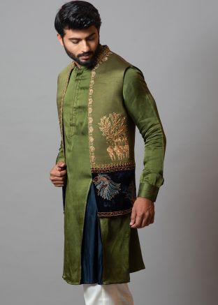 Green Embroidered Linen Nehru Jacket