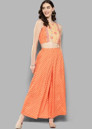Orange Leheria Printed Readymade Crop Top And Palazzo