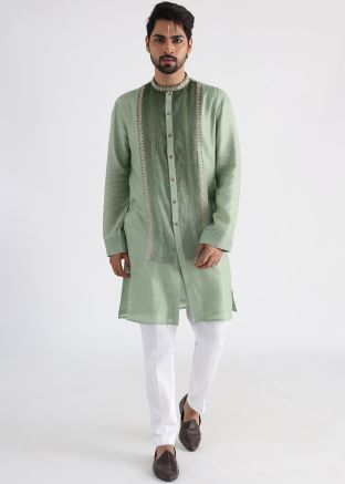 Readymade Green Pintucks Mens Kurta Pajama Set