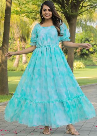 Blue Digital Printed Dress In Georgette