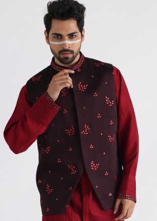 Brown Handwork Embroidered Nehru Jacket