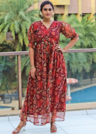 Red Digital Printed Dress In Organza