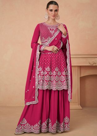 Pink Embroidered Suit Set In Chiffon