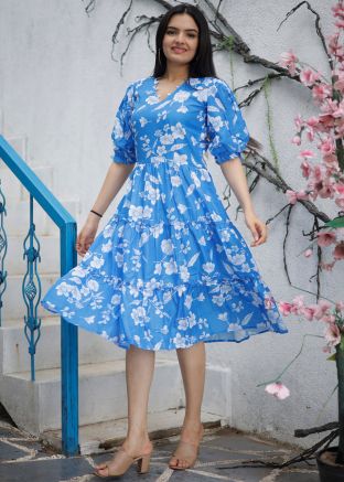 Blue Digital Printed Cotton Readymade Dress