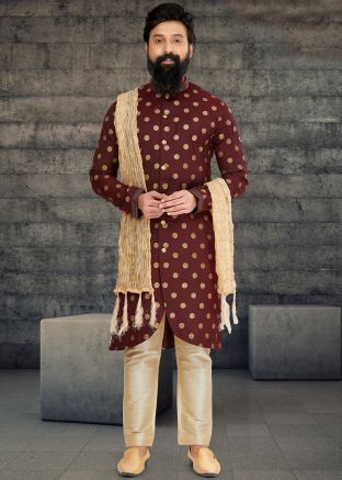 Maroon Cotton Silk Indo Western Sherwani