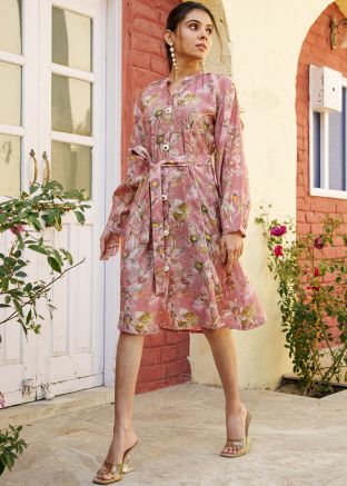 Rose Pink Printed Readymade Cotton Dress