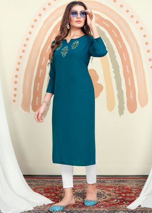 Blue Embroidered Kurti In Cotton