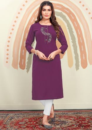 Purple Embroidered Kurti In Cotton