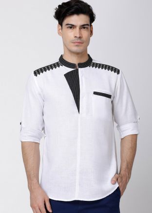 White Embroidered Short Kurta For Mens