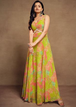 Readymade Green Printed Dress In Chiffon