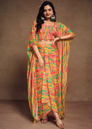 Multicolored Jacket Style Draped Skirt Set