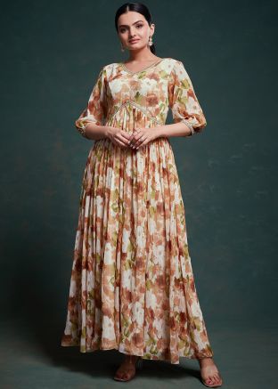 Brown Floral Printed Readymade Georgette Gown