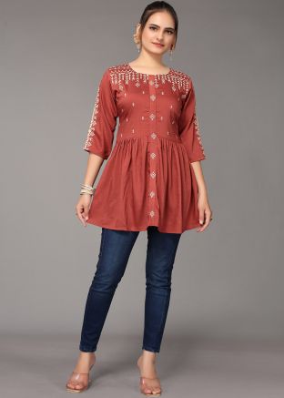 Rust Brown Readymade Viscose Short Kurti In Thread Embroidery