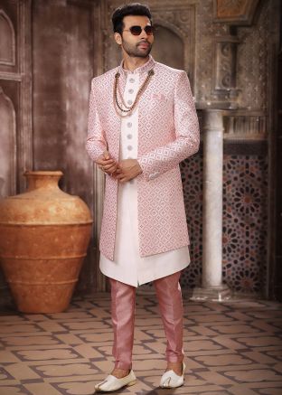 Cream Embroidered Jacket Style Indo Western Sherwani
