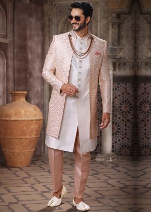 Mens Cream Embroidered Jacket Style Indo Western Sherwani